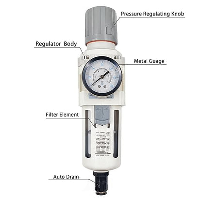 XingNEeng 1/2" NPT Compressed Air Filter Regulator Combo Piggyback, Water/Oil Trap Separator with Pressure Gauge(0-150 psi), Auto Drain, Poly Bowl, 5 Micron Brass Element, Metal Bracket