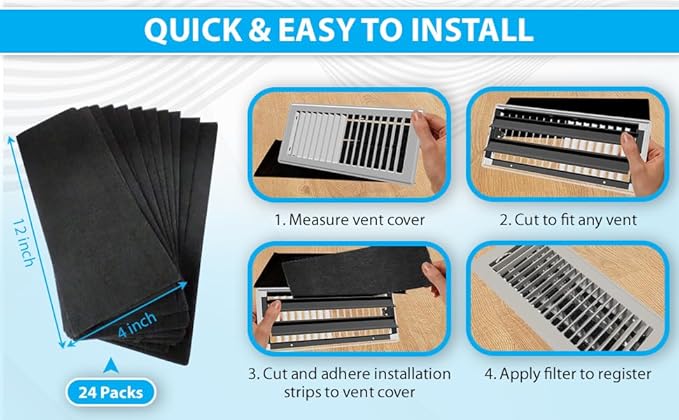 CFS – Pack of 12, Activated Carbon Filters for Floor Vent Heat Register Air Filter – Fresh and Filtered Air for Indoor, Home Filtration – Charcoal Air Filter Sheet- 4"x 12", Black