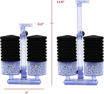 Multi Layer Filter Media Biochemical Dual Sponges Filters with Extendable Telescopic Air Flow Outlet Air Pump Driven for Betta Fry Aquarium Fish Tank Up to 50 Gallon (1-Pack, Black Sponge)