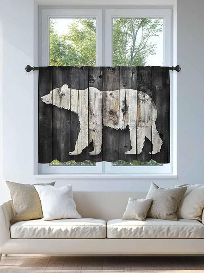 Sheer Curtains 54 Inch Length, White Brown Bear Semi Sheer Curtains Light Filtering Window Treatment, Farmhouse Country Vintage Wood Grain Privacy Voile Drapes for Living Room Bedroom 52x54 Inch