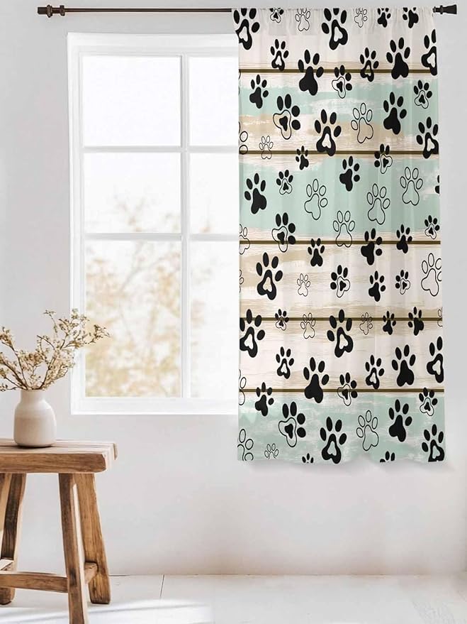 Sheer Curtains 63 Inch Length, Sage Green Beige Farmhouse Semi Sheer Curtains Light Filtering Window Treatment, Black Dog Paw Vintage Wooden Privacy Voile Drapes for Living Room Bedroom 52x63 Inch