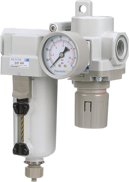 PneumaticPlus SAU420-N06G-MEP Compressed Air Filter Regulator Combo 3/4" NPT - Metal Bowl, Manual Drain, Bracket, Gauge