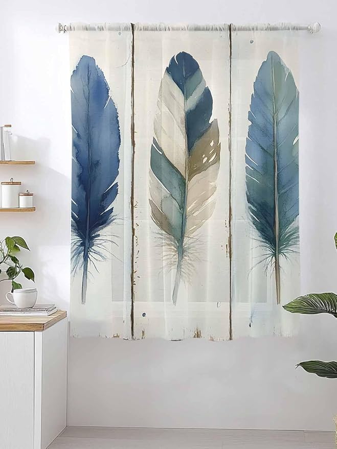 Sheer Curtains 63 Inch Length, Boho Blue Feathers Semi Sheer Curtains Light Filtering Window Treatment, Farmhouse Vintage Wooden Grain Privacy Voile Drapes for Living Room Bedroom 52x63 Inch