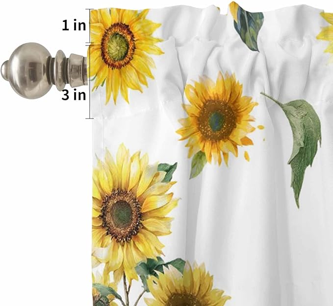 Kitchen Curtains Tiers and Valance Set of 3, Cow Sunflowers Light Filtering Window Curtain Set, Spring Botanical Floral Flowers Animals Rod Pocket Curtain Drapes for Cafe, Living Room, 36 Inches Tiers