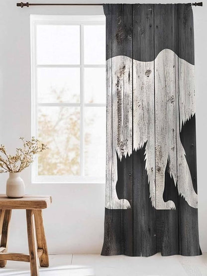 Sheer Curtains 84 Inches Long, White Brown Bear Semi Sheer Curtains Light Filtering Window Treatment, Farmhouse Country Rustic Wooden Grain Privacy Voile Drapes for Living Room Bedroom 52x84 Inch