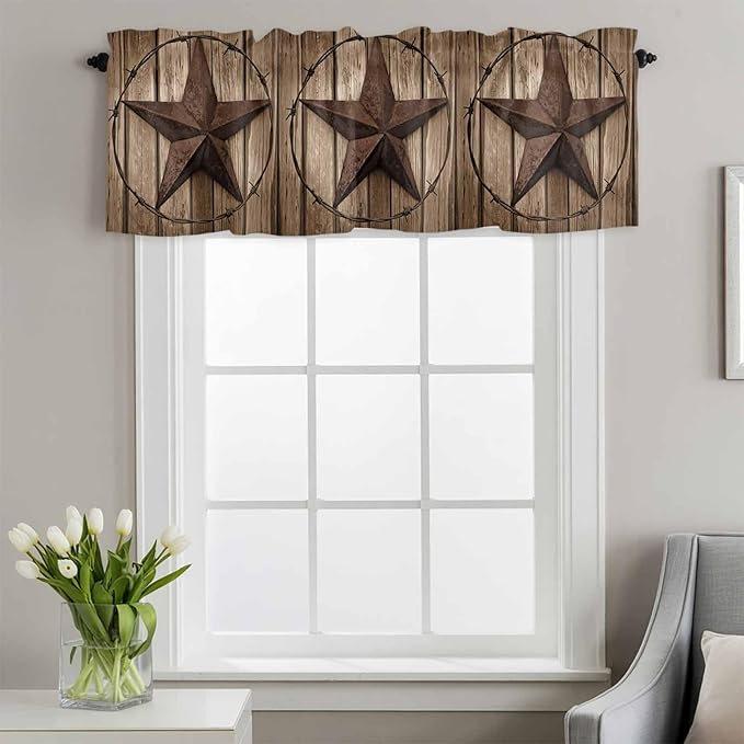 Vintage Texas Star Valances for Windows, Brown Wood Grain Wire Kitchen Valance Light Filtering Rod Pocket Short Curtains for Kitchen Bathroom, 1 Panel, 60"x18"