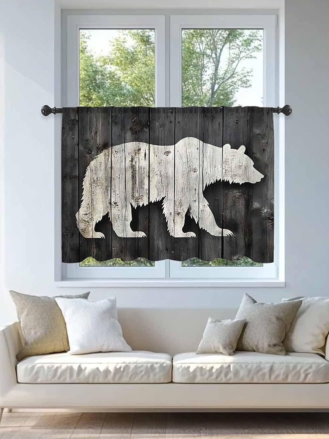 Sheer Curtains 45 Inch Length, White Brown Bear Semi Sheer Curtains Light Filtering Window Treatment, Farmhouse Country Rustic Wooden Grain Privacy Voile Drapes for Living Room Bedroom 52x45 Inch