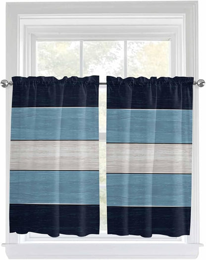 Vintage Country Woodcuts Window Valance Curtains, Blue Gradient Striped Light Filtering Kitchen Valance with 3-inch Rod Pocket for Living Room Bathroom Bedroom,2 Panel,52x45In