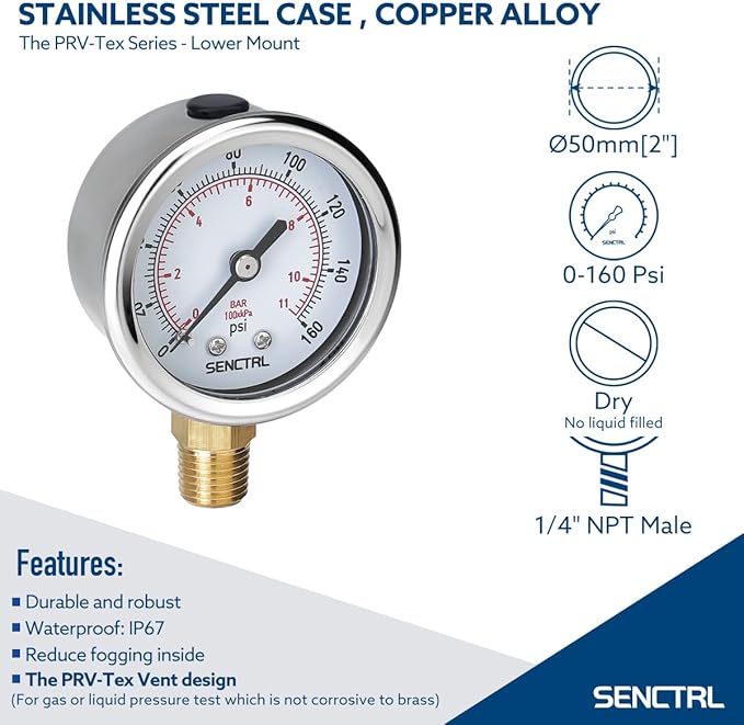 SENCTRL 0-160 Psi Pressure Gauge, 2" Dial, 1/4 NPT Lower Mount, Waterproof, Stainless Steel Case, for Pneumatic Regulator Air Compressor RV Regulator Water Tire Pressure Test
