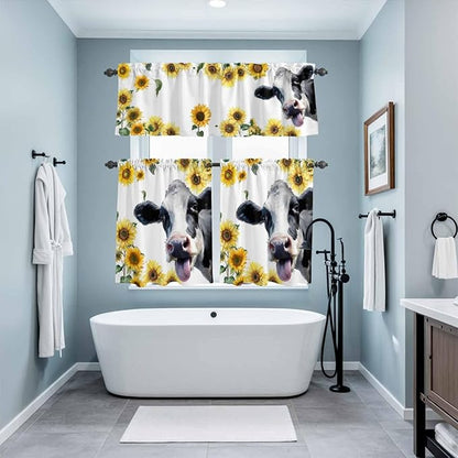 Kitchen Curtains Tiers and Valance Set of 3, Cow Sunflowers Light Filtering Window Curtain Set, Spring Botanical Floral Flowers Animals Rod Pocket Curtain Drapes for Cafe, Living Room, 24 Inches Tiers
