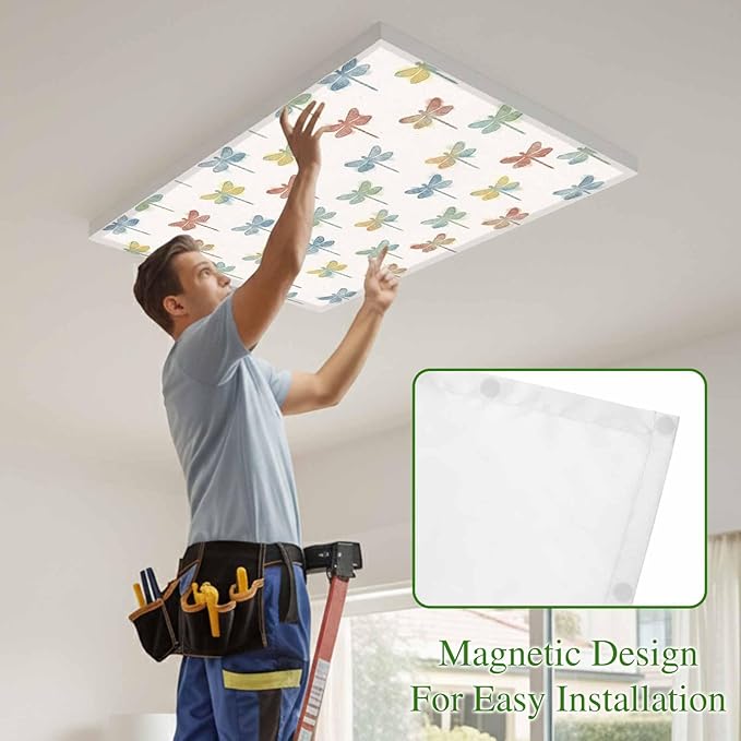 Fluorescent Light Covers for Ceiling Lights Watercolor Dragonfly Magnetic Light Filters 2 Pack 4x2 ft Colorful Linen Ceiling Lights Cover for Classroom Office School Home Drop Lamp Decor