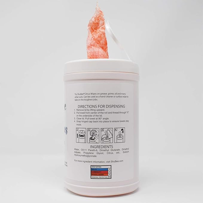 ShuBee® Citrus Wipes™ – Heavy-Duty Dual-Sided Hand Cleaner Towels for Mechanics, Construction & Service Professionals, Works on Grease & Grime