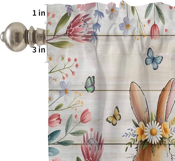 Kitchen Curtains Tiers and Valance Set of 3, Easter Light Filtering Window Curtain Set, Spring Bunny Butterfly Botanical Wooden Grain Rod Pocket Curtain Drapes for Cafe, Living Room, 36 Inches Tiers