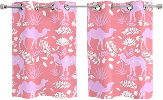 2 Panel Kitchen Cafe Curtains, Desert Camel Sunlight Filtering Nature Air Through, Home Decor Window Covering Tier Curtains for Living Room 55W x 39L inch Vintage Sand Camel Leaves Flower Pattern Pink