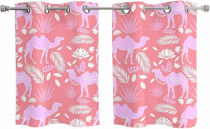 2 Panel Kitchen Cafe Curtains, Desert Camel Sunlight Filtering Nature Air Through, Home Decor Window Covering Tier Curtains for Living Room 55W x 39L inch Vintage Sand Camel Leaves Flower Pattern Pink