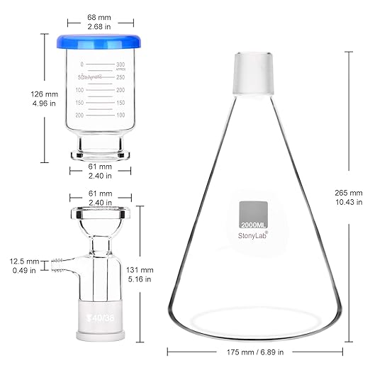 stonylab Glass Filtration Apparatus, Borosilicate Glass Vacuum Filtration Assembly Filter Kit with 2000 ml Filtering Flask and 300 ml Graduated Funnel