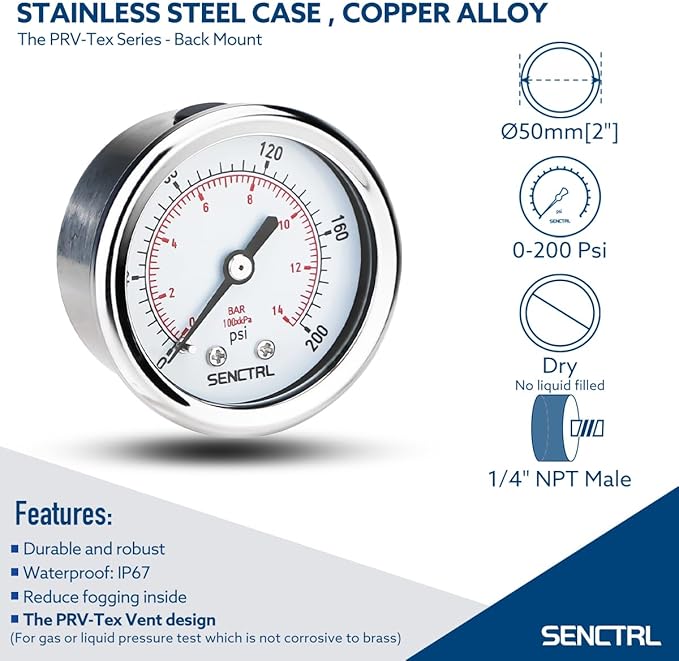 SENCTRL 200 Psi Pressure Gauge, 2" Dial Size, 1/4 NPT Back Mount, Waterproof, Stainless Steel Case, for Water Filter Pneumatic Regulator Air Compressor Tire Pressure Test