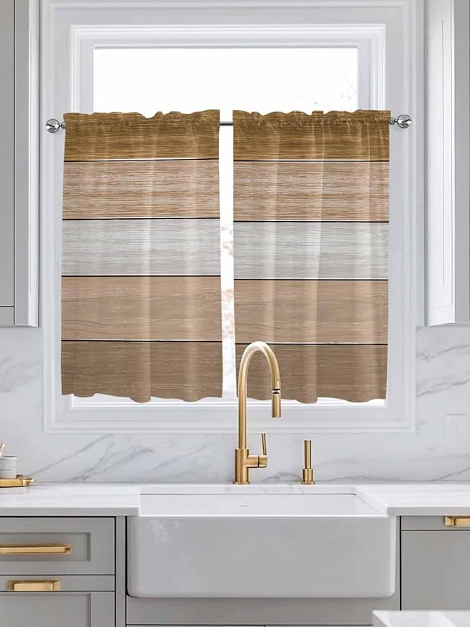 Retro Farm Wood Board Window Valance Curtains, Brown Graduality Striped Light Filtering Kitchen Valance with 3-inch Rod Pocket for Living Room Bathroom Bedroom,2 Panel,42x45In