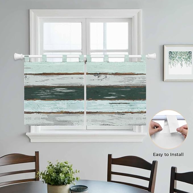 Blue Teal Kitchen Curtains 36 Inch Length, Small Window Curtains Tab Top, Vintage Wooden Retro Art Farmhouse Barns Light Filtering Short Window Treatments Tier Drapes 27.5"x36" 2 Panel