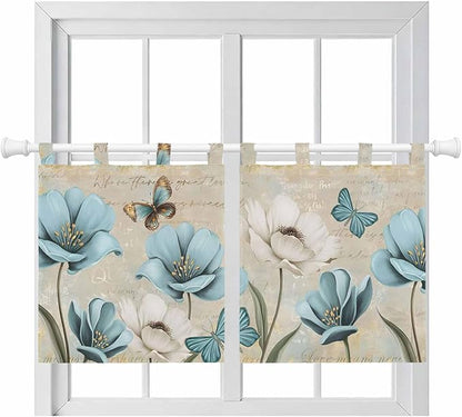 Spring Flowers Kitchen Curtains 24 Inch Length, Small Window Curtains Tab Top, Vintage Rustic Tulips Floral Butterfly Khaki Light Filtering Short Window Treatments Tier Drapes 27.5"x24" 2 Panel