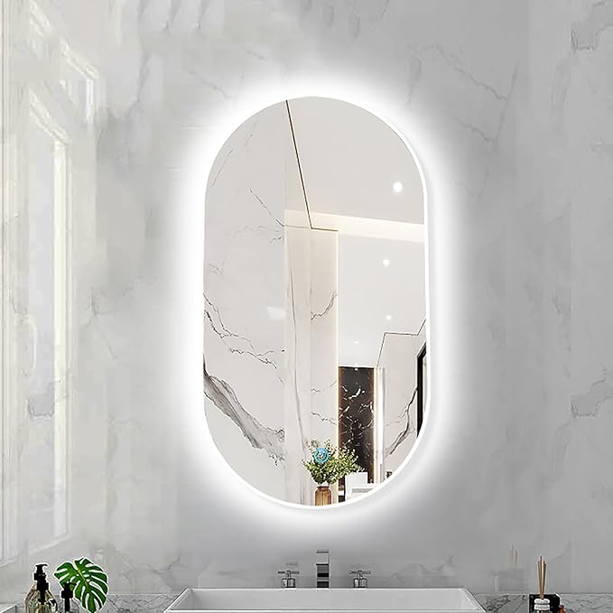 Oval LED Illuminated Bathroom Mirror, Wall-mounted Vanity Makeup Mirror with Demister Pad, 3 Dimmable Color Temperatures & Touch Control, Metal Frame Anti-Fog Lighted Wall Mirror ( Color : White Frame