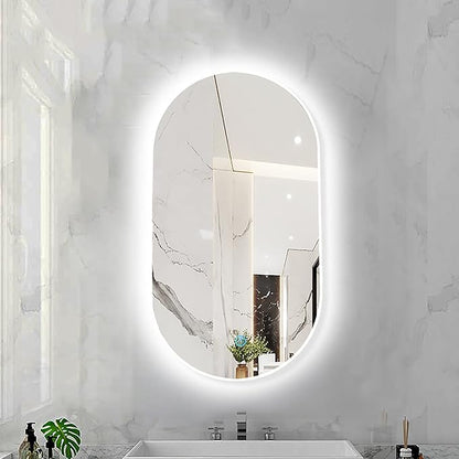Oval LED Illuminated Bathroom Mirror, Wall-mounted Vanity Makeup Mirror with Demister Pad, 3 Dimmable Color Temperatures & Touch Control, Metal Frame Anti-Fog Lighted Wall Mirror ( Color : White Frame