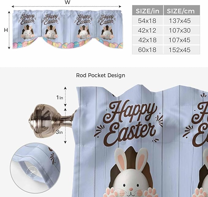 Blue Easter Tie Up Valance Curtains for Windows, Kitchen Curtains Window Shades, Spring Cartoon Bunny Colorful Eggs Wood Grain Light Filtering Roman Curtain Valances for Bedroom/Bathroom/Cafe 54"x18"