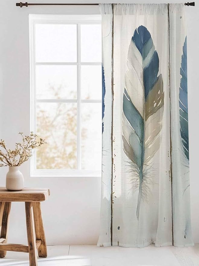 Sheer Curtains 84 Inches Long, Boho Blue Feathers Semi Sheer Curtains Light Filtering Window Treatment, Farmhouse Vintage Wooden Grain Privacy Voile Drapes for Living Room Bedroom 52x84 Inch