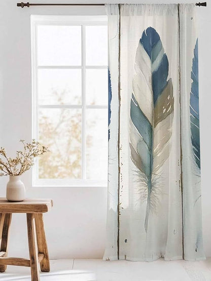 Sheer Curtains 84 Inches Long, Boho Blue Feathers Semi Sheer Curtains Light Filtering Window Treatment, Farmhouse Vintage Wooden Grain Privacy Voile Drapes for Living Room Bedroom 52x84 Inch