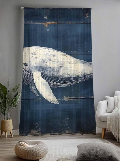 Sheer Curtains 96 Inches Long, Ocean Vintage Whale Semi Sheer Curtains Light Filtering Window Treatment, Summer Retro Wood Grain Privacy Voile Drapes for Living Room Bedroom 52x96 Inch