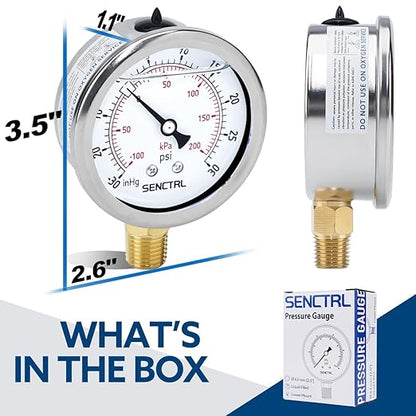 SENCTRL 30 inHg to 30 Psi Vacuum Glycerin Liquid Filled Low Pressure Gauge, 2.5" Dial Size, 1/4" NPT Lower Mount, Stainless Steel Case, for Air Conditioning Manifolds, HVAC, Air Pump Vacuum Test