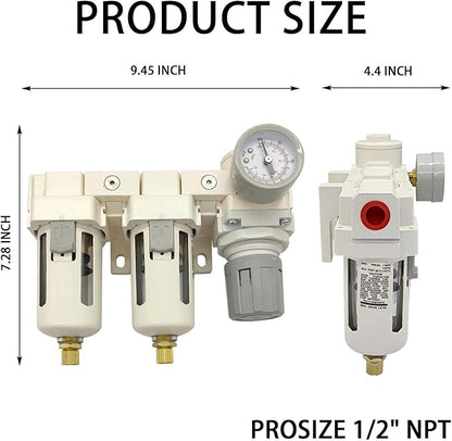 YSIL 1/2" NPT Air Filter Dryer Double Air Filters Compressor Water Separator Pressure Regulator Combo 5 Micron Brass Element(Semi-Auto Drain)