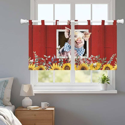Pig Sunflowers Kitchen Curtains 36 Inch Length, Small Window Curtains Tab Top, Eucalyptus Leaves Floral Bees Red Barn Light Filtering Short Window Treatments Tier Drapes 27.5"x36" 2 Panel