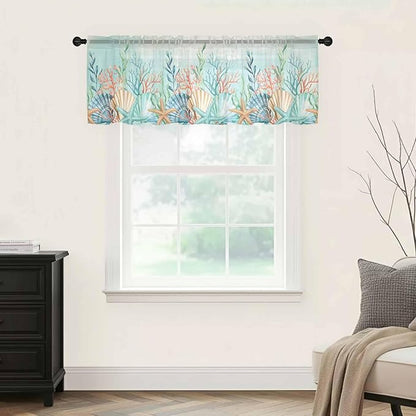 Summer Beach Sheer Valance Curtains, Green Ocean Colorful Coral Shell Seaweed Starfish Light Filtering Kitchen Valances Rod Pocket Voile Curtain Treatment for Bedroom/Living Room/Basement 42Wx12L
