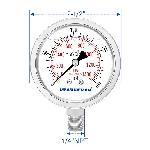 MEASUREMAN Fully Stainless Steel Hydraulic Glycerin Filled Pressure Gauge, 2-1/2" Dial Size,0-200psi/kpa,1/4" NPT Lower Mount