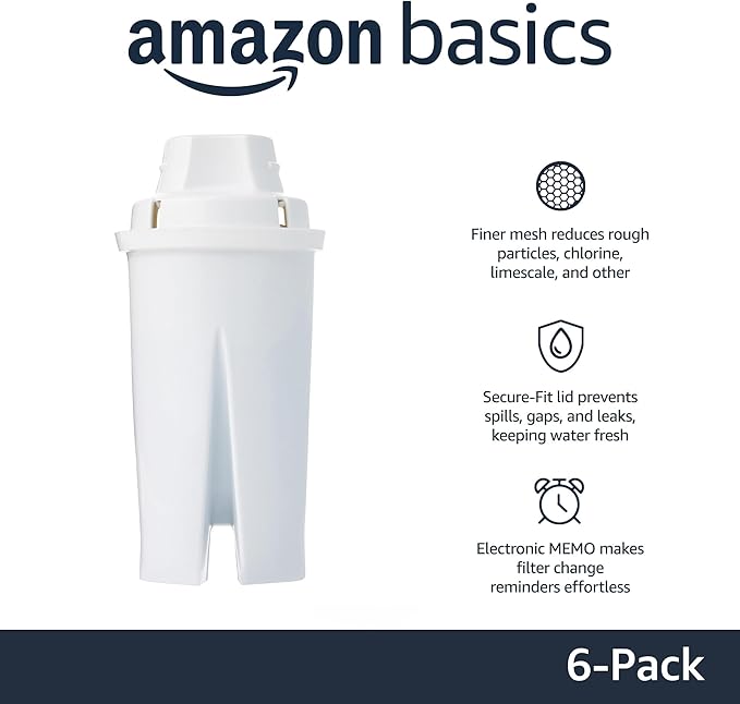 Amazon Basics Enhanced Replacement Water Filters for Water Pitchers, BPA-Free, WQA & NSF Certified, Compatible with Brita Water Pitchers & Drinking Water Filter Systems, 1 Year Filter Supply, 6-Pack
