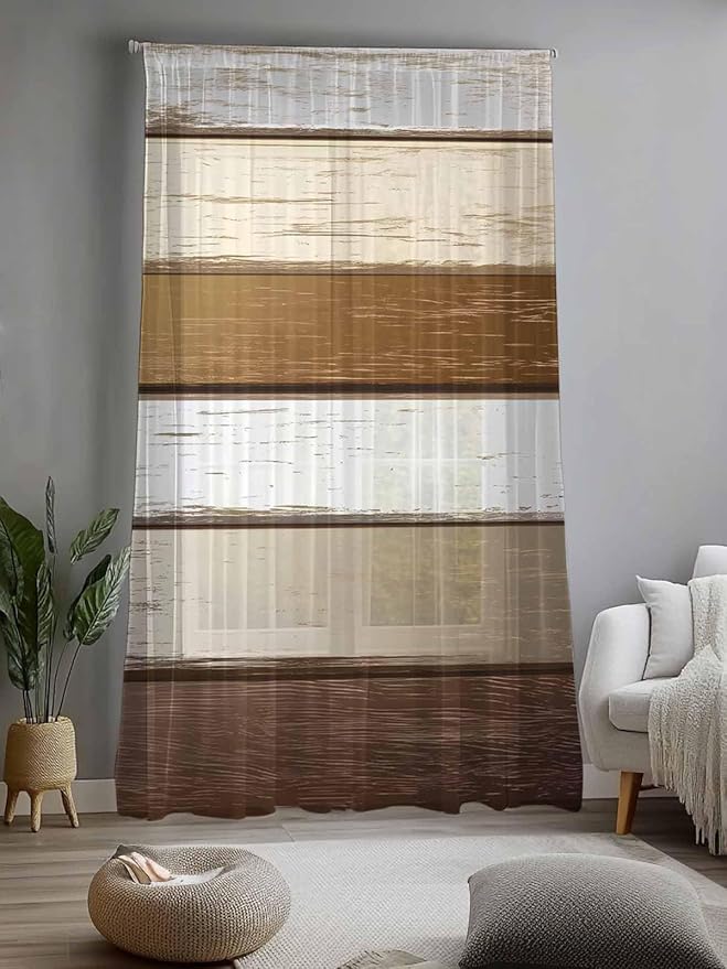 Sheer Curtains 96 Inches Long, Vintage Geometric Brown Semi Sheer Curtains Light Filtering Window Treatment, Farmhouse Country Chic Wood Grain Privacy Voile Drapes for Living Room Bedroom 52x96 Inch