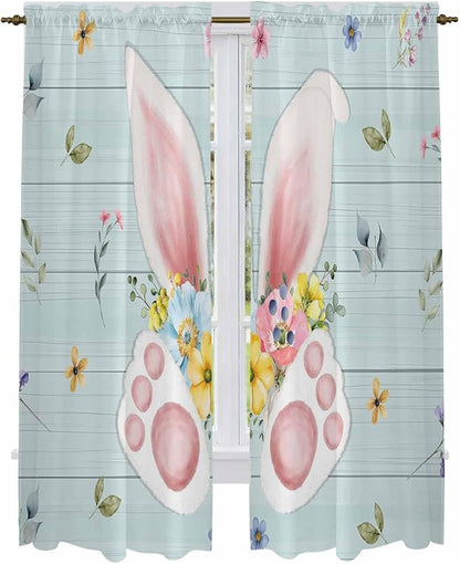 Easter Window Curtains 72 Inch Long 2 Panel Set, Rod Pocket Long Curtains & Drapes, Spring Rabbits Ears Feet Flowers Wooden Grain Light Filtering Window Treatment for Bedroom Living Room 52"W x 72"L
