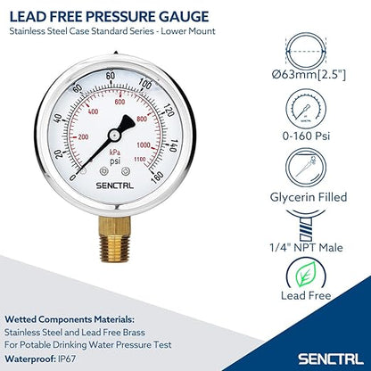 SENCTRL 160 Psi Lead-Free Glycerin Liquid Filled Low Pressure Gauge, 2.5" Dial Size, 1/4" NPT Lower Mount, Stainless Steel Case, for Home Potable Water Pump, Air, Well, RV Hose, Pressure Test