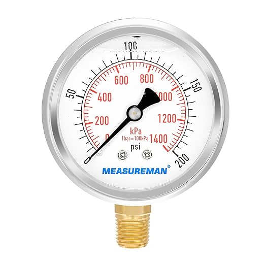 MEASUREMAN 2-1/2inch Dial Size, Liquid Filled Pressure Gauge, 0-200psi/kpa, 304 Stainless Steel Case, 1/4 inchNPT Lower Mount