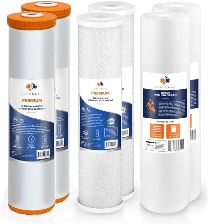Aquaboon 5 Micron 20 x 4.5 Sediment, Iron & Manganese, CTO Whole House Water Filters Replacement Cartridges Set for 3-Stage Water Filter System 2 Pack