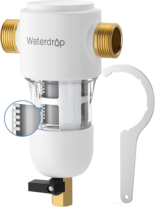 Waterdrop Spin Down Sediment Filter, Reusable Whole House Water Filter System, Flushable Pre-Filter System for City/Well Water, 50 Micron, 1" MNPT + 3/4" FNPT, WD-PF01