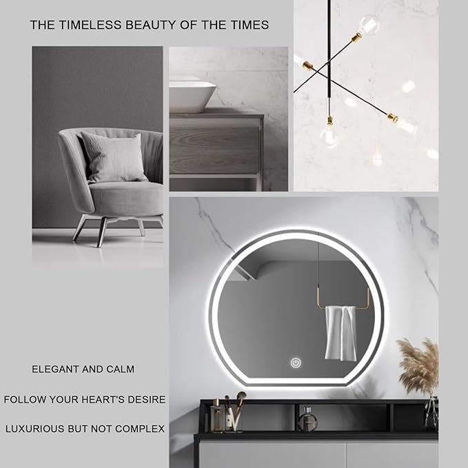 LED Bathroom Mirror，Bathroom Mirror with LED Lights，Illuminated LED Bathroom Mirror,Illuminated Led Bathroom Mirror with Demister Pad，3 Colours Backlit Makeup Mirror(A,H60*W60cm/H23.6*W23.6IN)