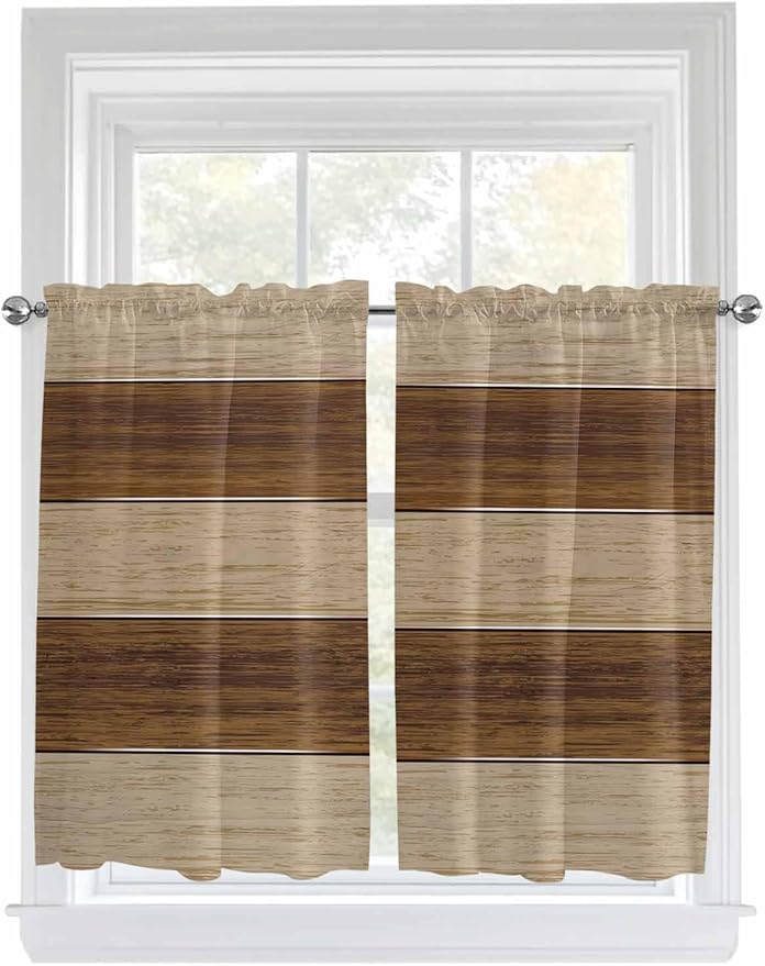 Retro Country Brown Wooden Board Window Valance Curtains, Farmhouse Gradient Plank Light Filtering Kitchen Valance with 3-inch Rod Pocket for Living Room Bathroom Bedroom,2 Panel,42x54In