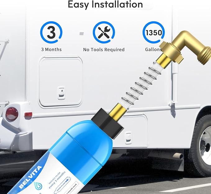 BELVITA RV Inline Water Filter with Solid Brass 90 Degree Hose Elbow, Eliminates Stress and Strain On RV Water Intake Hose Fittings(3 Pack)