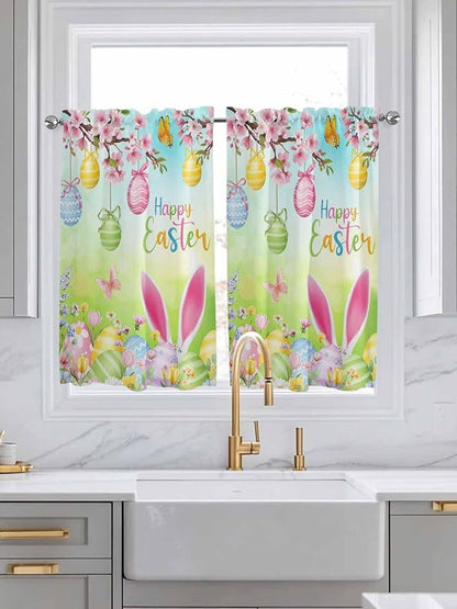 Easter Kitchen Curtains 45 Inches length, Spring Bunny Colorful Rabbit Eggs Butterfly Blue Green Window Treatment Curtain Drapes, Lightweight Window Panels for Living Room Bedroom, 52"x45", 2 Panels