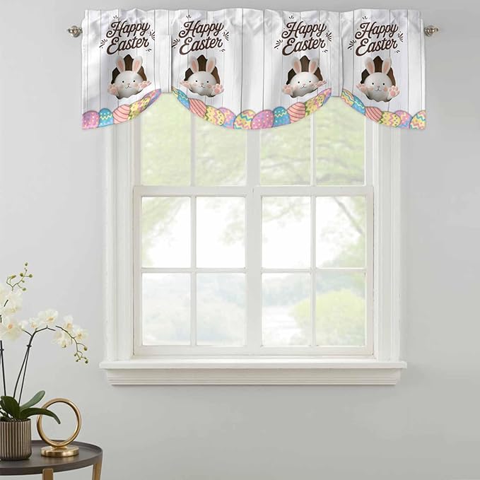 Grey Easter Tie Up Valance Curtains for Windows, Kitchen Curtains Window Shades, Spring Cartoon Bunny Colorful Eggs Wood Grain Light Filtering Roman Curtain Valances for Bedroom/Bathroom/Cafe 42"x18"