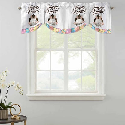 Grey Easter Tie Up Valance Curtains for Windows, Kitchen Curtains Window Shades, Spring Cartoon Bunny Colorful Eggs Wood Grain Light Filtering Roman Curtain Valances for Bedroom/Bathroom/Cafe 42"x18"