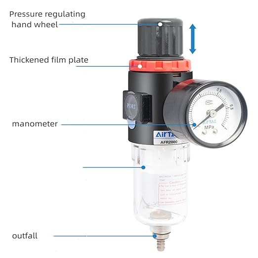 Compressed Air Pressure Filter Regulator Airtac AFR2000 1/4'' NPT 0-140 PSI Combo Piggybac Adjustable,Bracket,Gauge Semi-Auto Drain