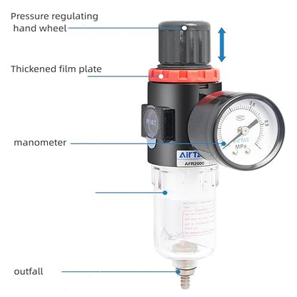 Compressed Air Pressure Filter Regulator Airtac AFR2000 1/4'' NPT 0-140 PSI Combo Piggybac Adjustable,Bracket,Gauge Semi-Auto Drain